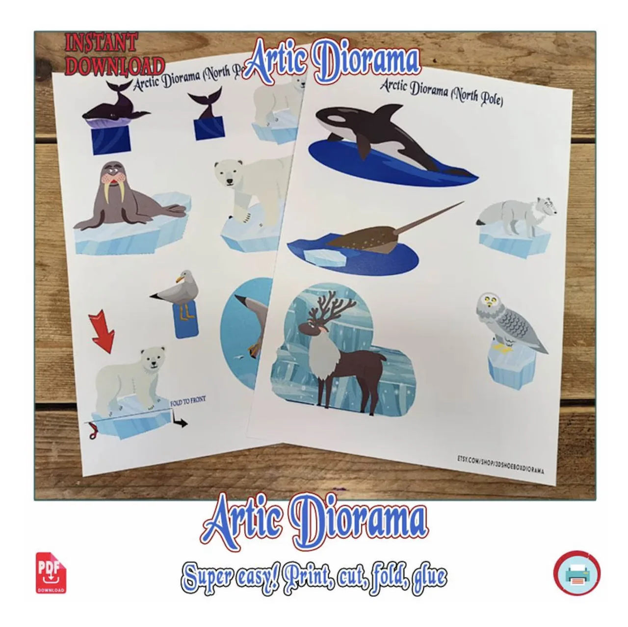 Two printed Arctic animal sheets with polar bears, a walrus, a narwhal, an orca, a reindeer and a snowy owl before cutting