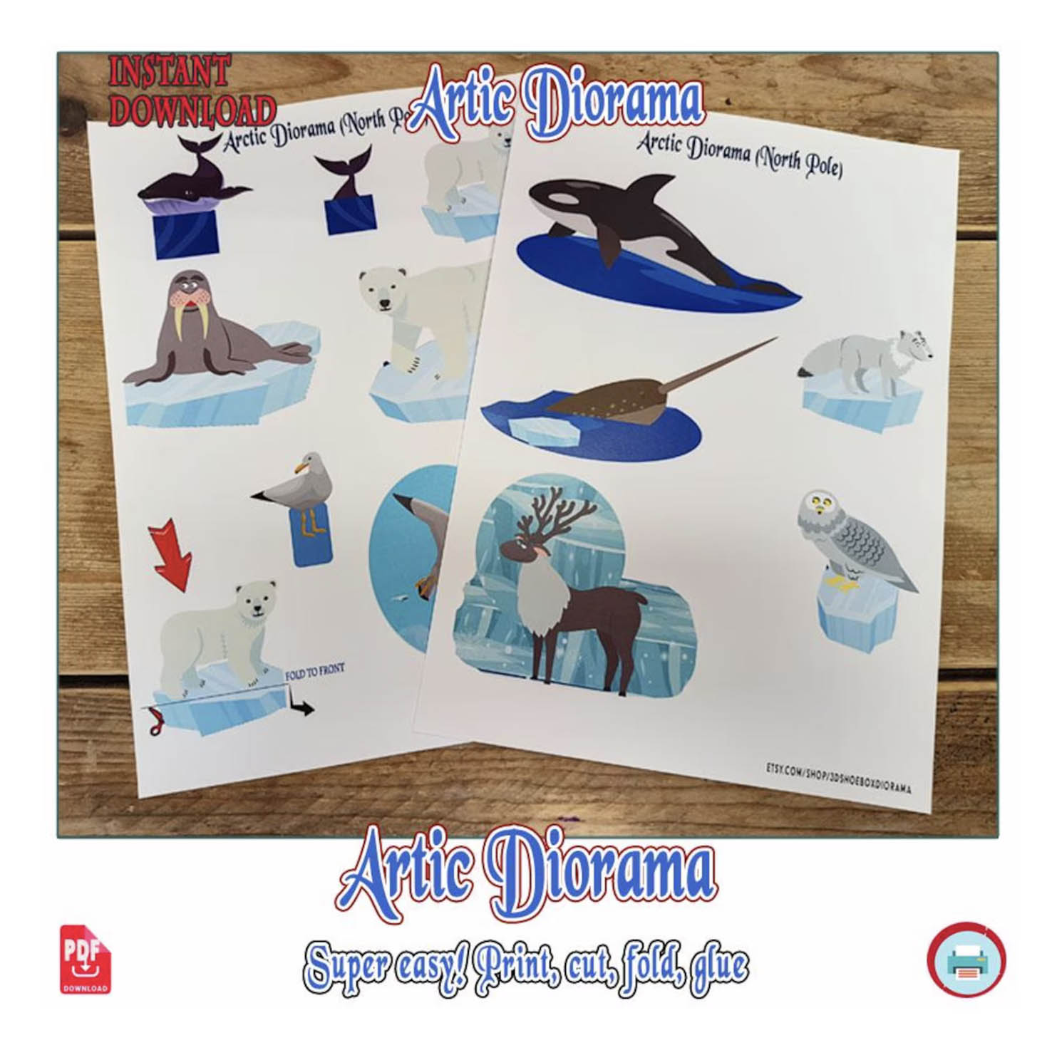 Two printed Arctic animal sheets with polar bears, a walrus, a narwhal, an orca, a reindeer and a snowy owl before cutting