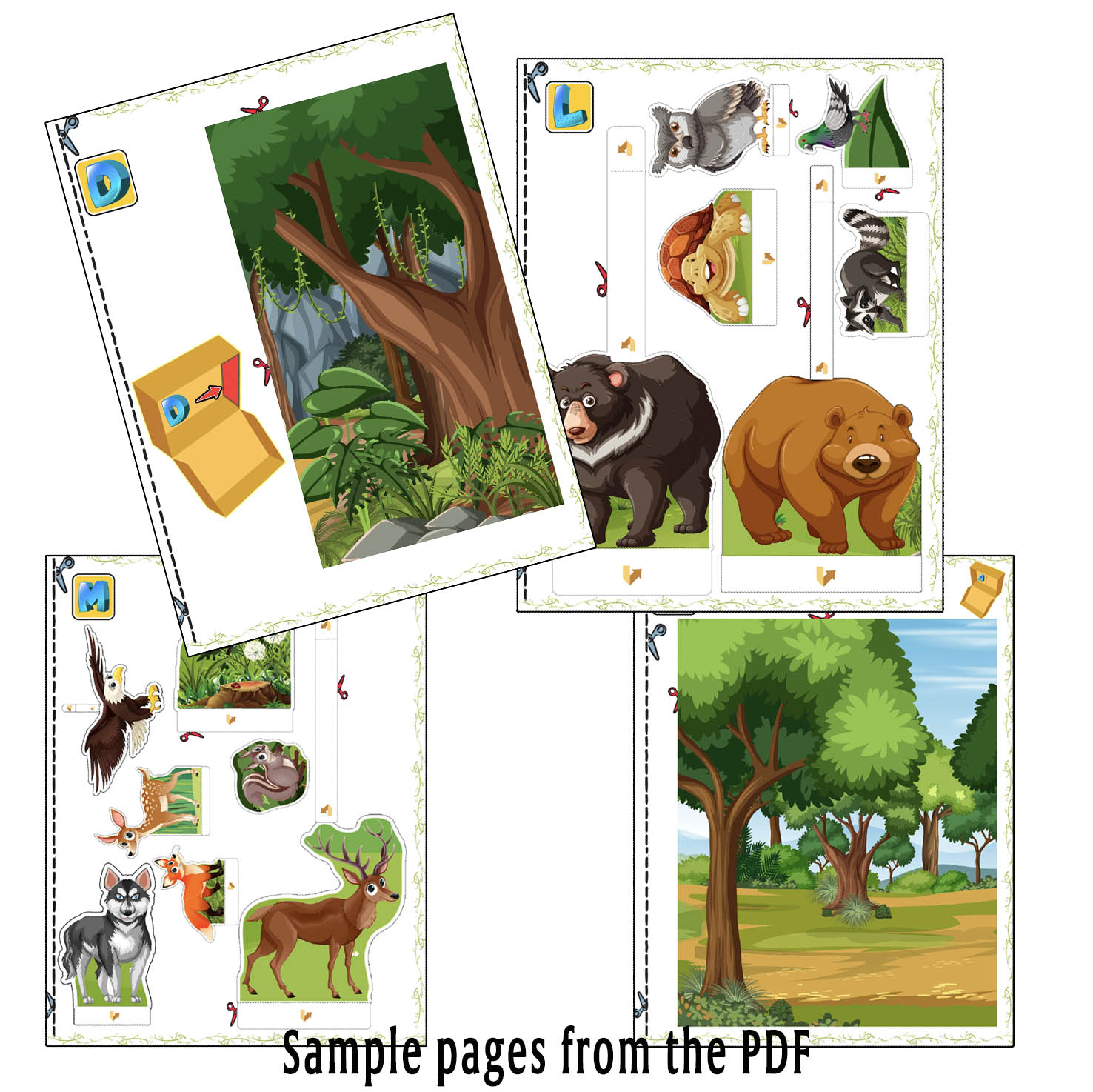 Printable pages for forest EVS project with forest animals and background scenery