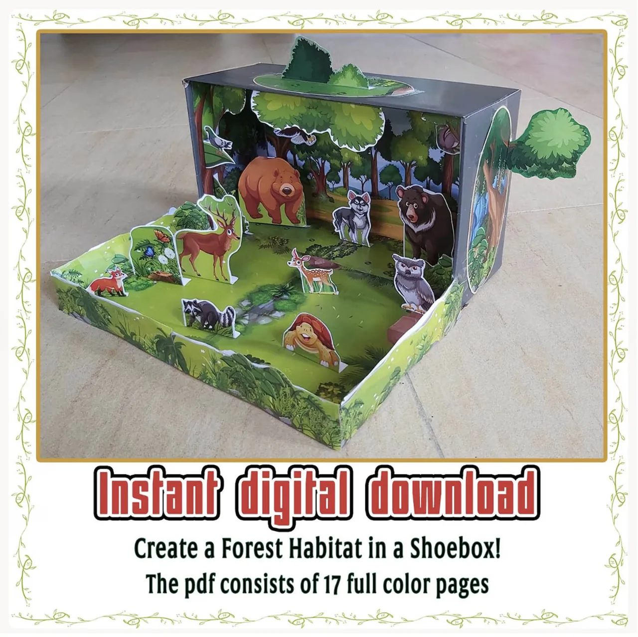 Printable forest habitat project complete 3D shoebox model for school