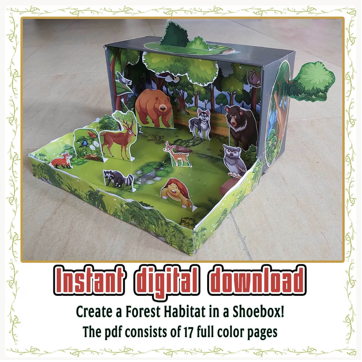 Printable forest habitat project complete 3D shoebox model for school