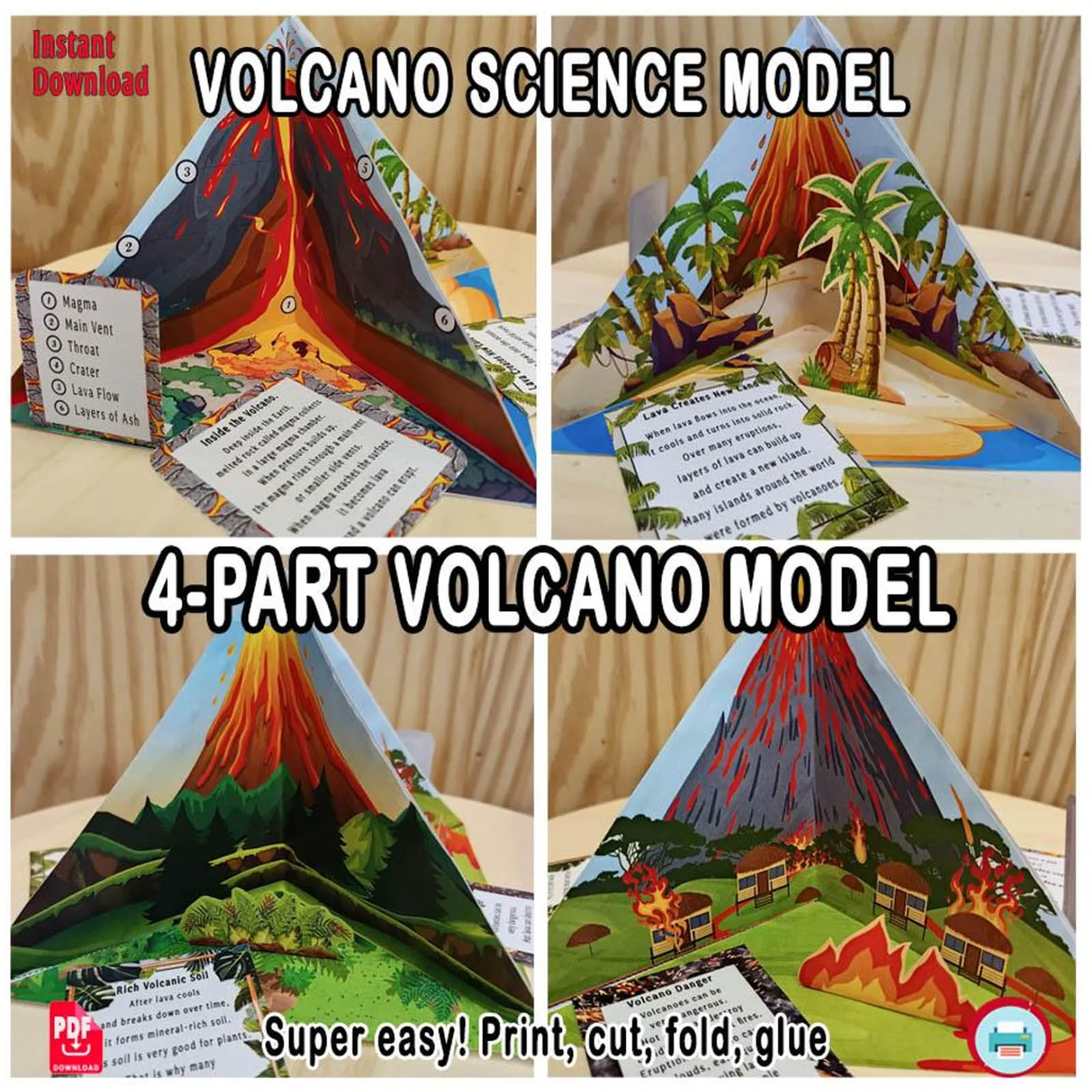 Four views of the completed volcano science model showing its cross section, island formation, fertile soil and eruption hazards