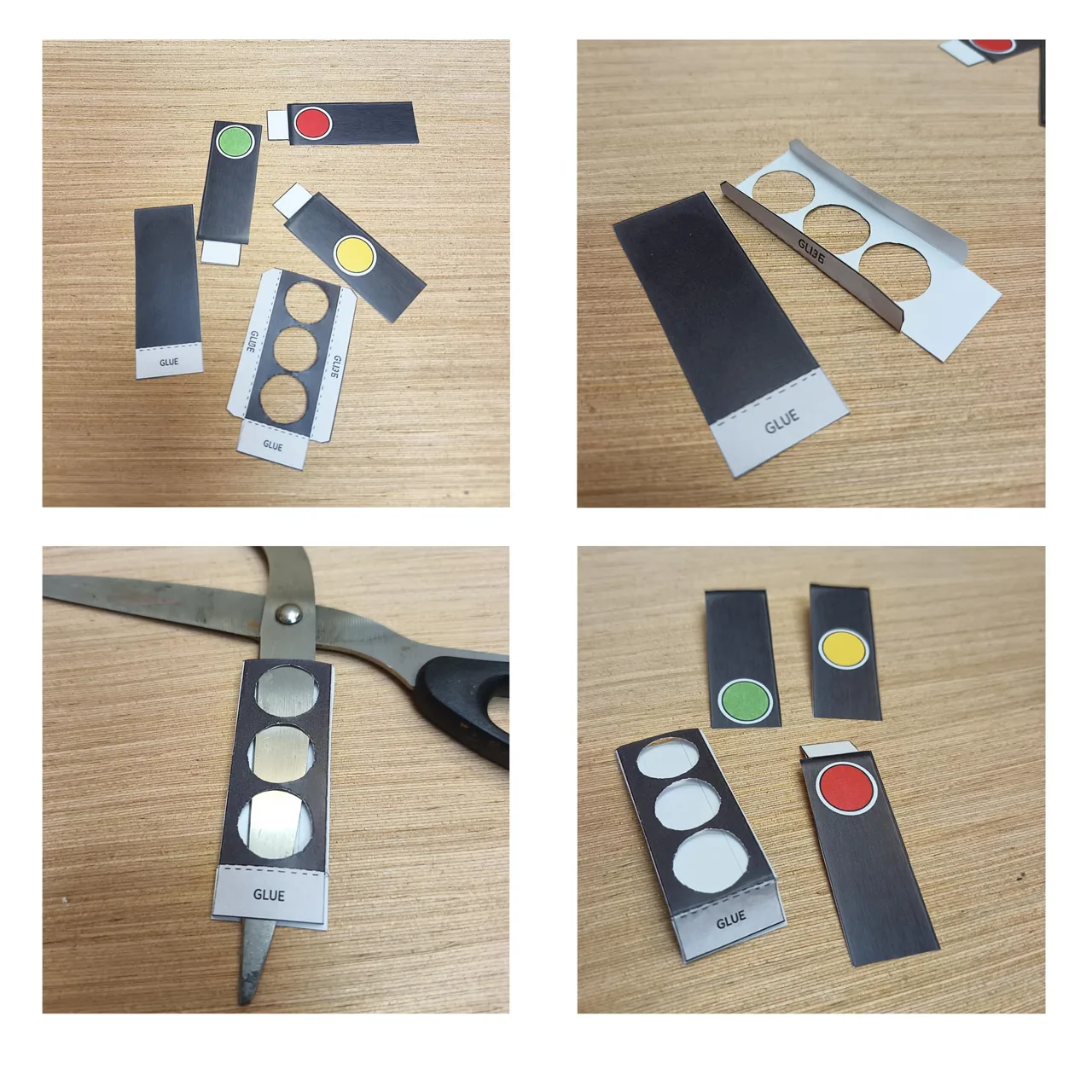 Assembly photos showing the paper traffic light housing, circular openings and coloured inserts.