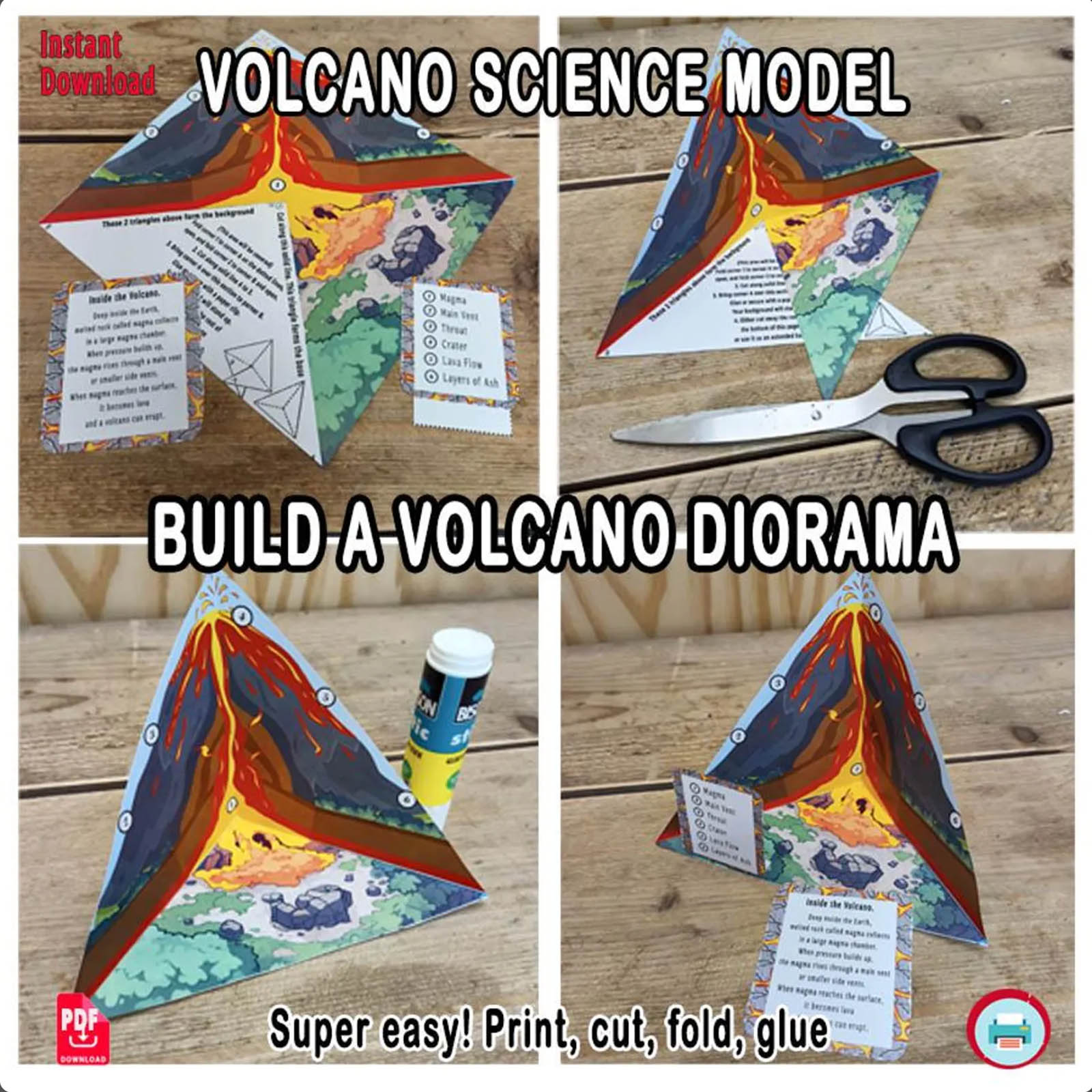 Step-by-step photos showing how to cut, fold and glue a paper volcano cross section model