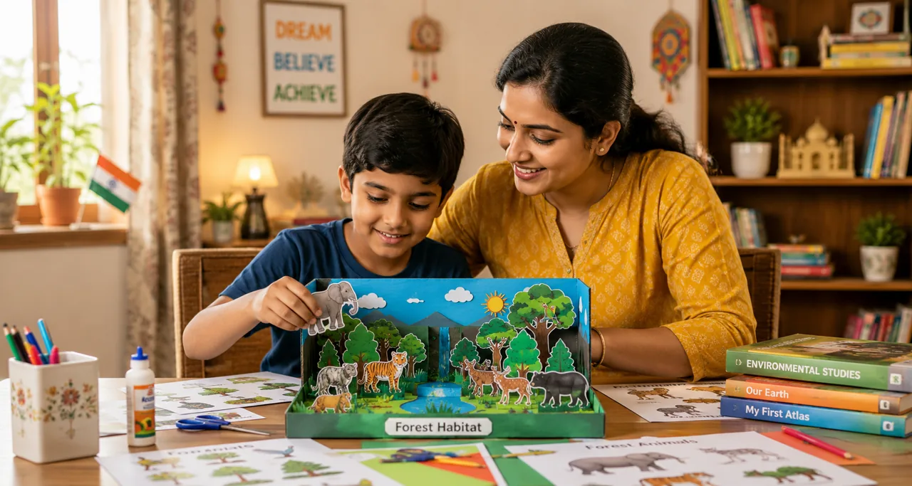 Indian mother and child making an EVS forest habitat school project together at home