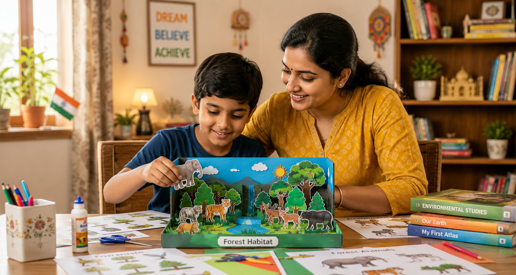 Indian mother and child making an EVS forest habitat school project together at home