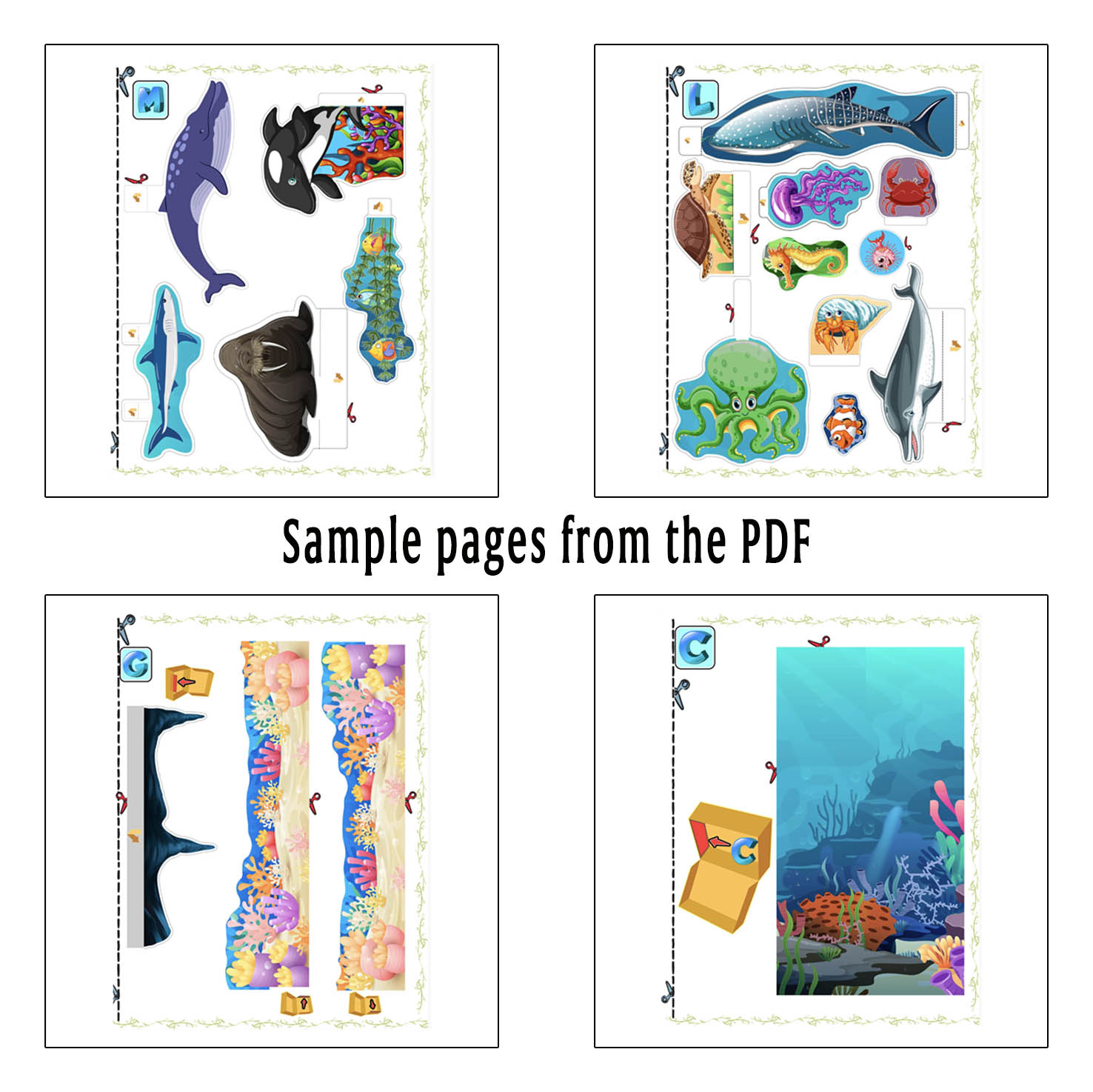 Printable pages for ocean EVS project with sea animals coral and underwater background