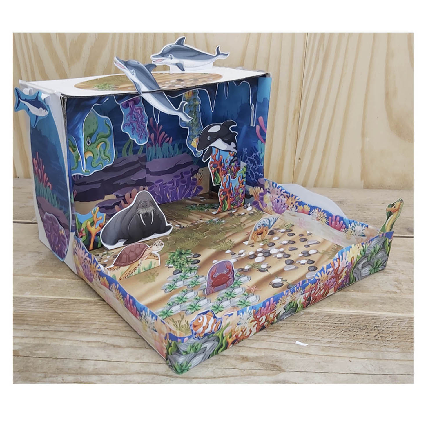 Completed 3D ocean habitat school project with sea animals