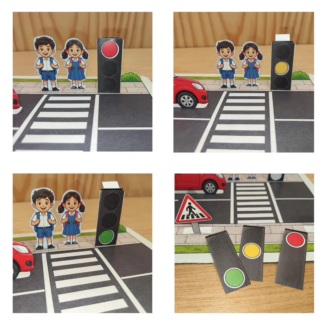 Four photos showing the paper traffic light displaying red, yellow and green using interchangeable inserts.
