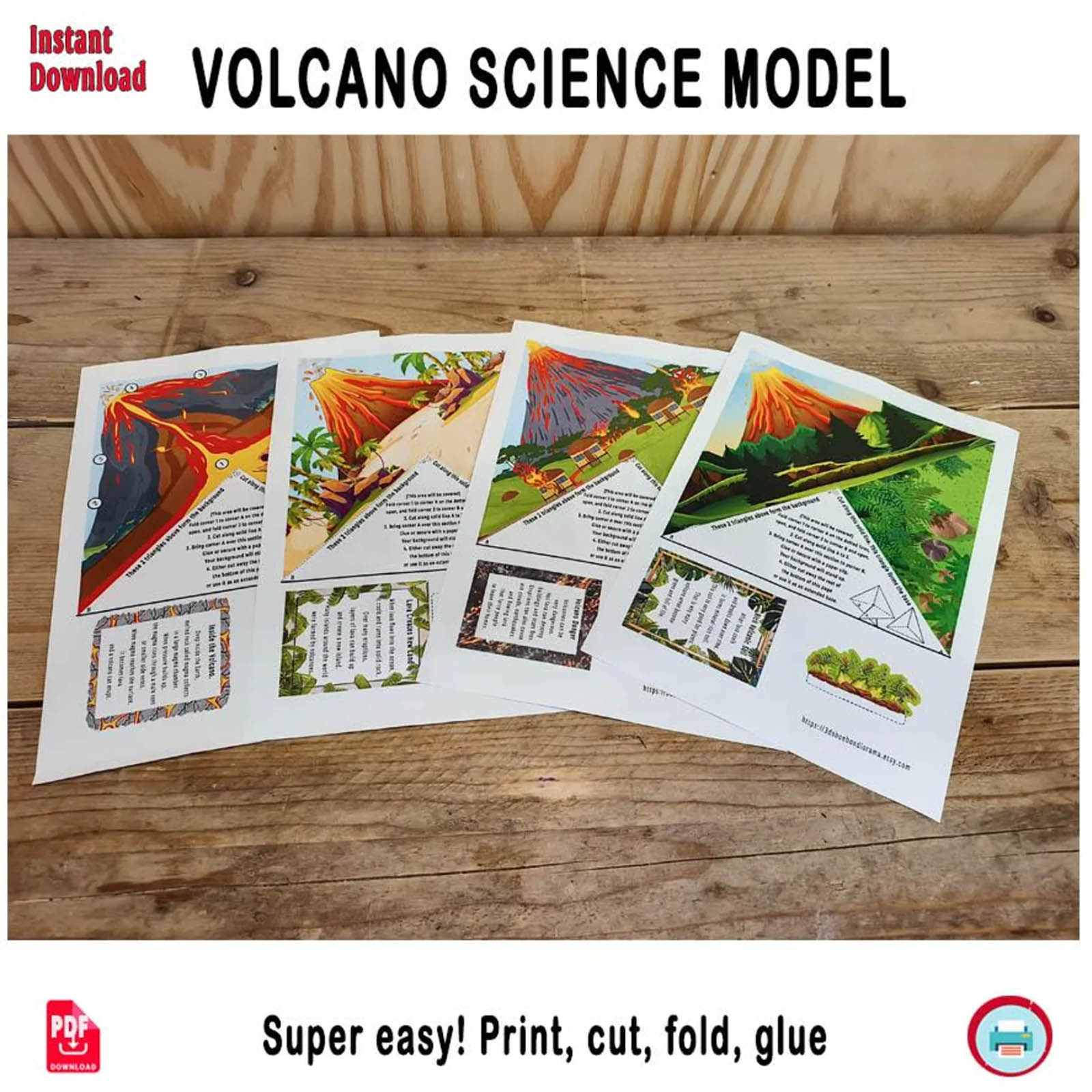 Paper volcano model templates laid out before cutting, with English instructions and information cards