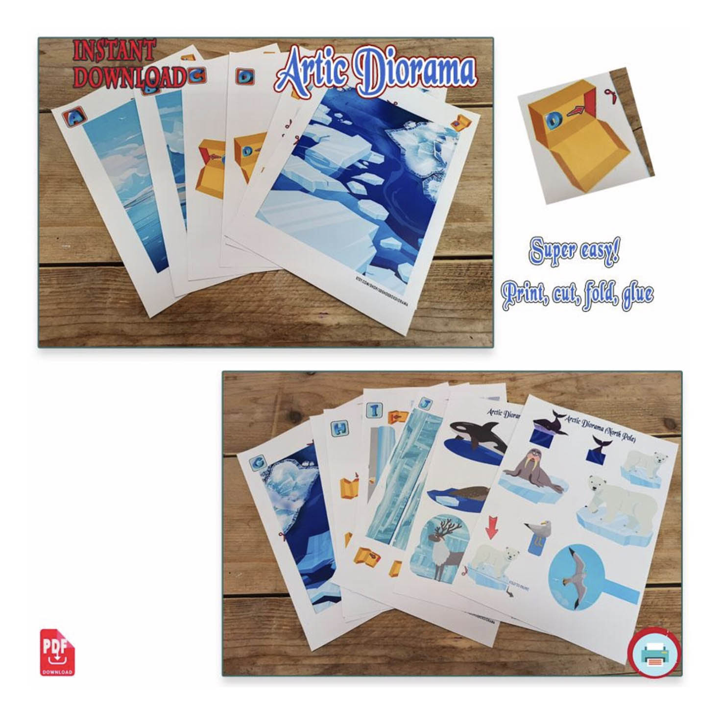 Polar habitat diorama template pages showing icy scenery, animal sheets and small shoebox assembly diagrams