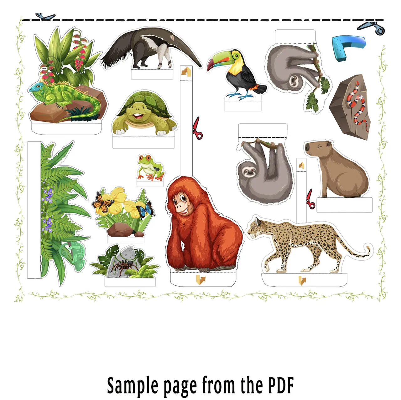 Printable rainforest animals for EVS habitat project including sloth toucan orangutan and tropical plants
