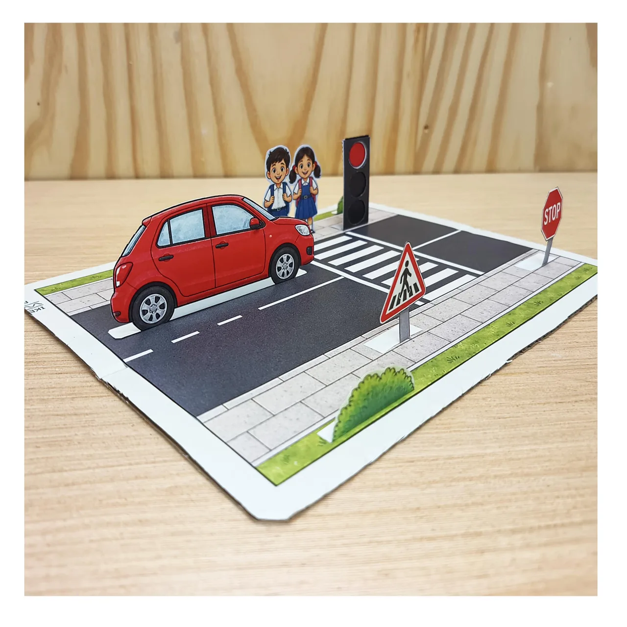 Angled view of the paper road safety diorama showing the car, zebra crossing, traffic light and signs.