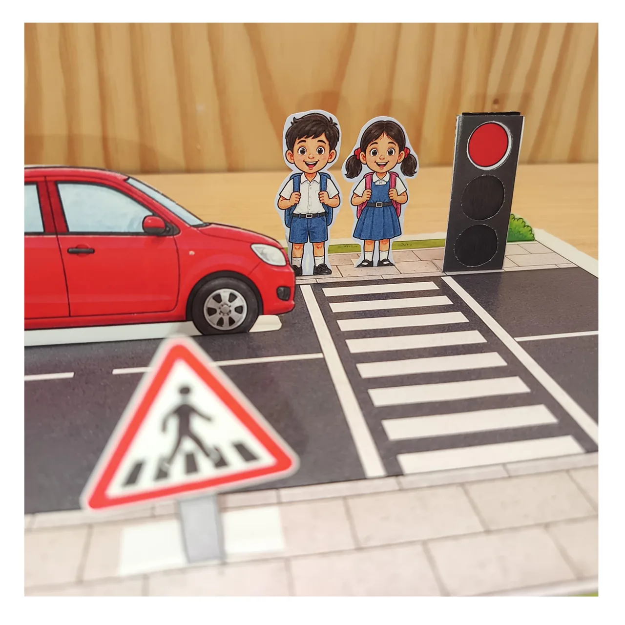 Close-up of the zebra crossing model with schoolchildren, a red car and a red traffic light.