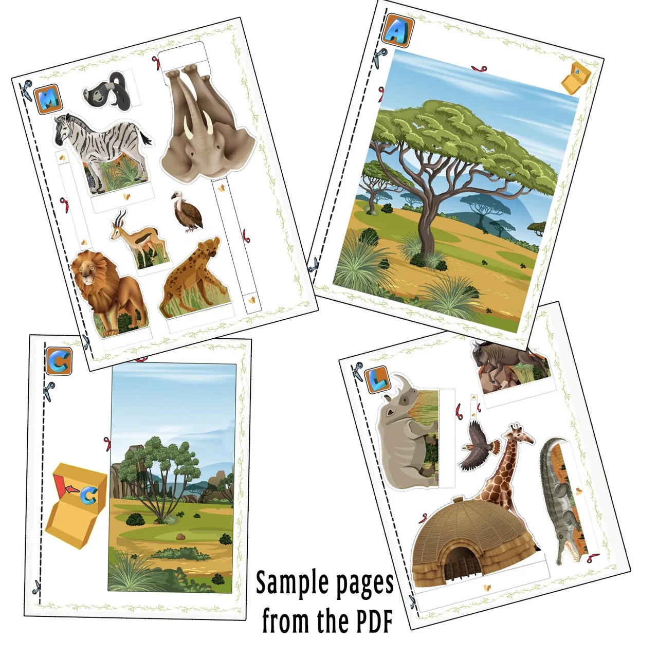 Printable savanna EVS project pages with lion elephant giraffe zebra rhinoceros and grassland scenery