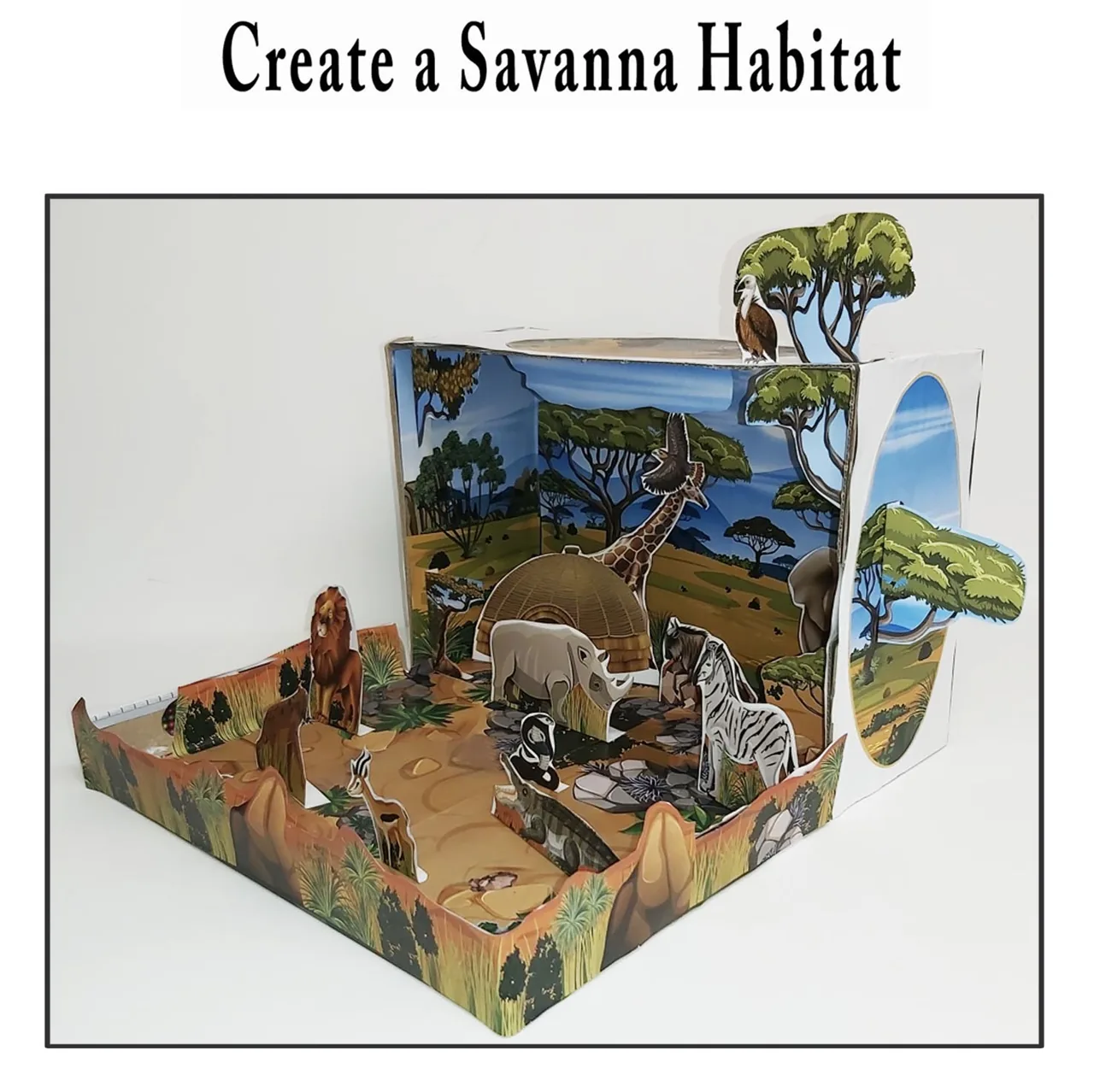 Completed savanna 3D school project with giraffe elephant zebra lion and grassland habitat