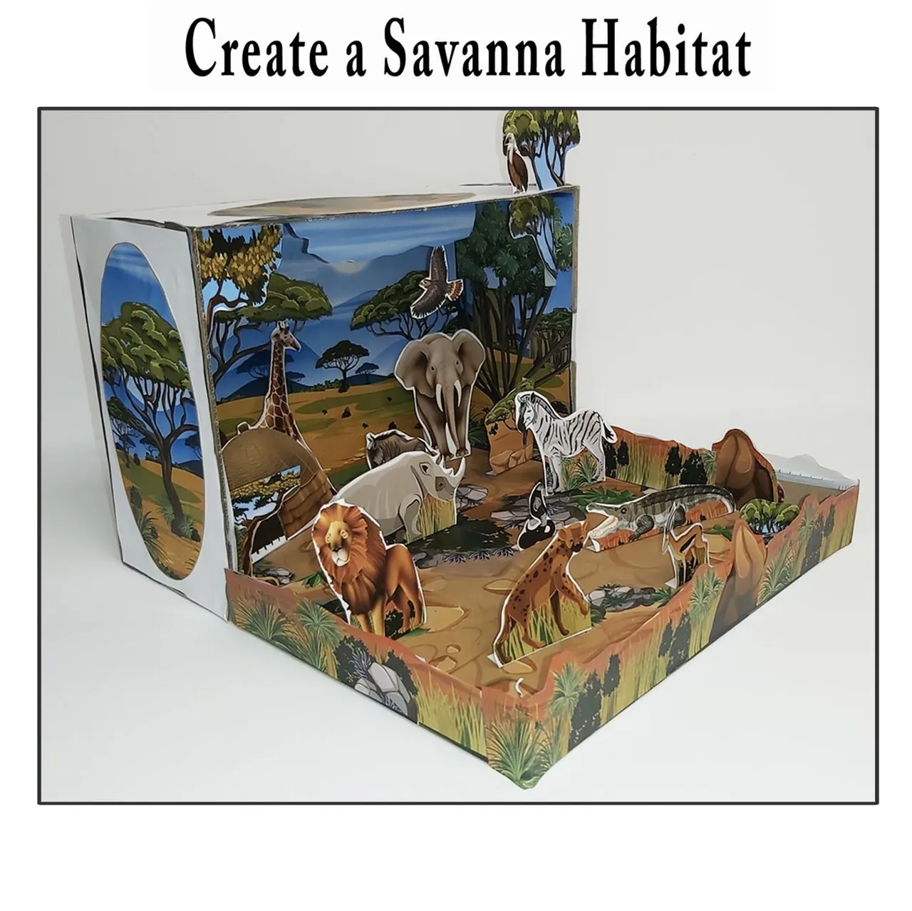Savanna grassland habitat project with African animals
