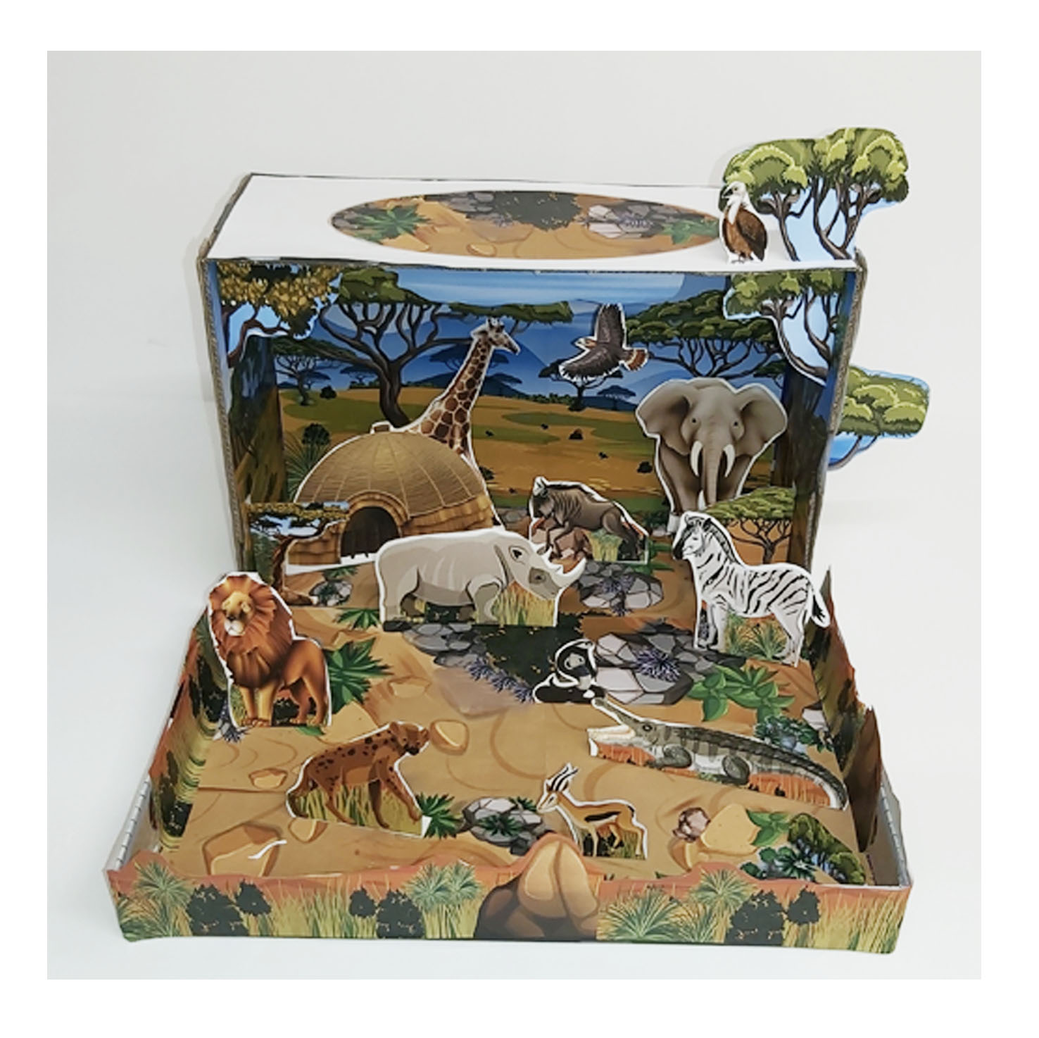 Savanna grassland habitat project with African animals