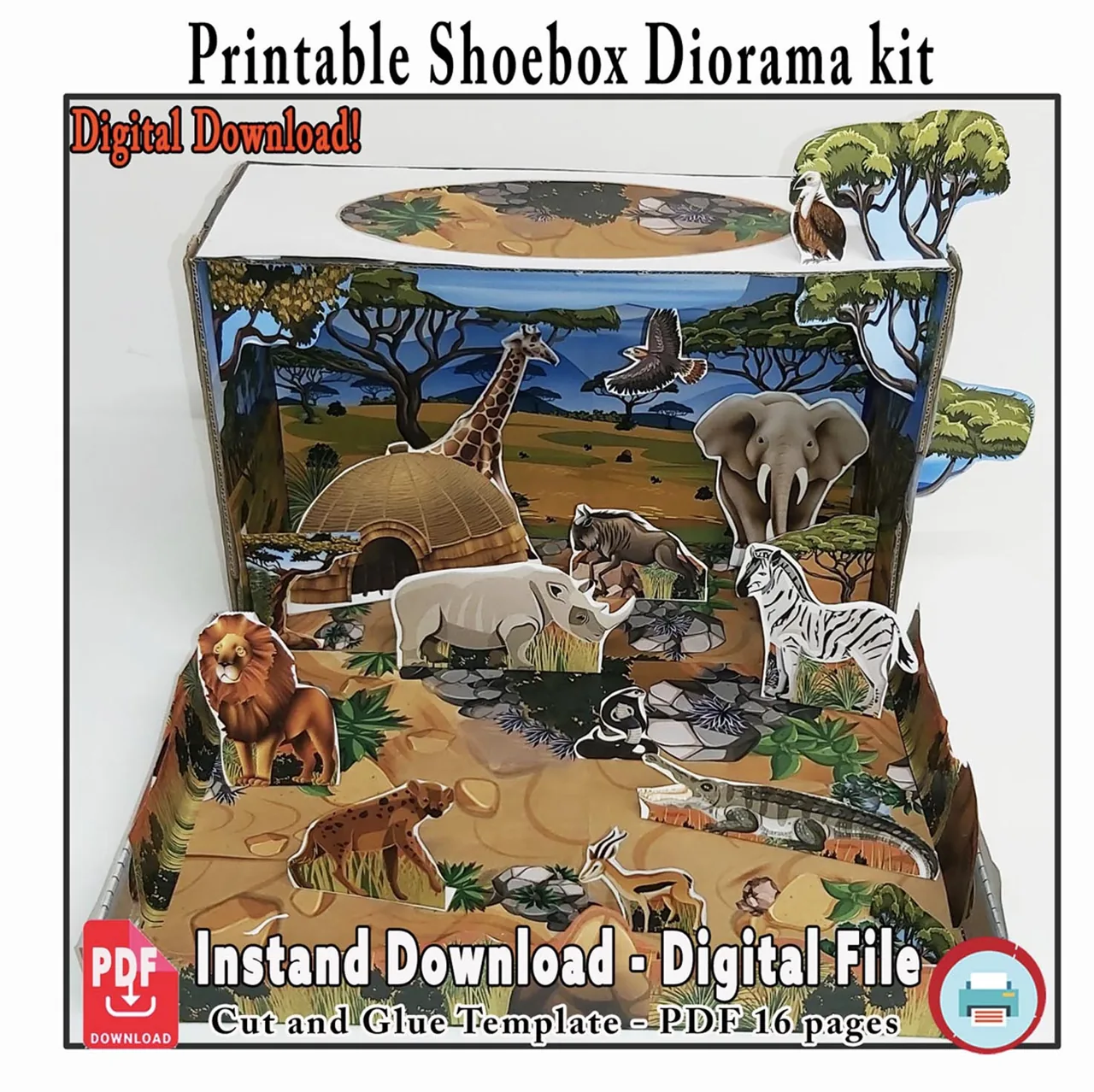 Printable savanna habitat project kit showing completed 3D school model with African animals