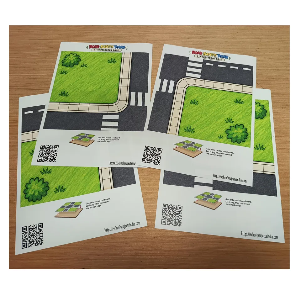Four printable road base sheets with zebra crossings and green spaces
