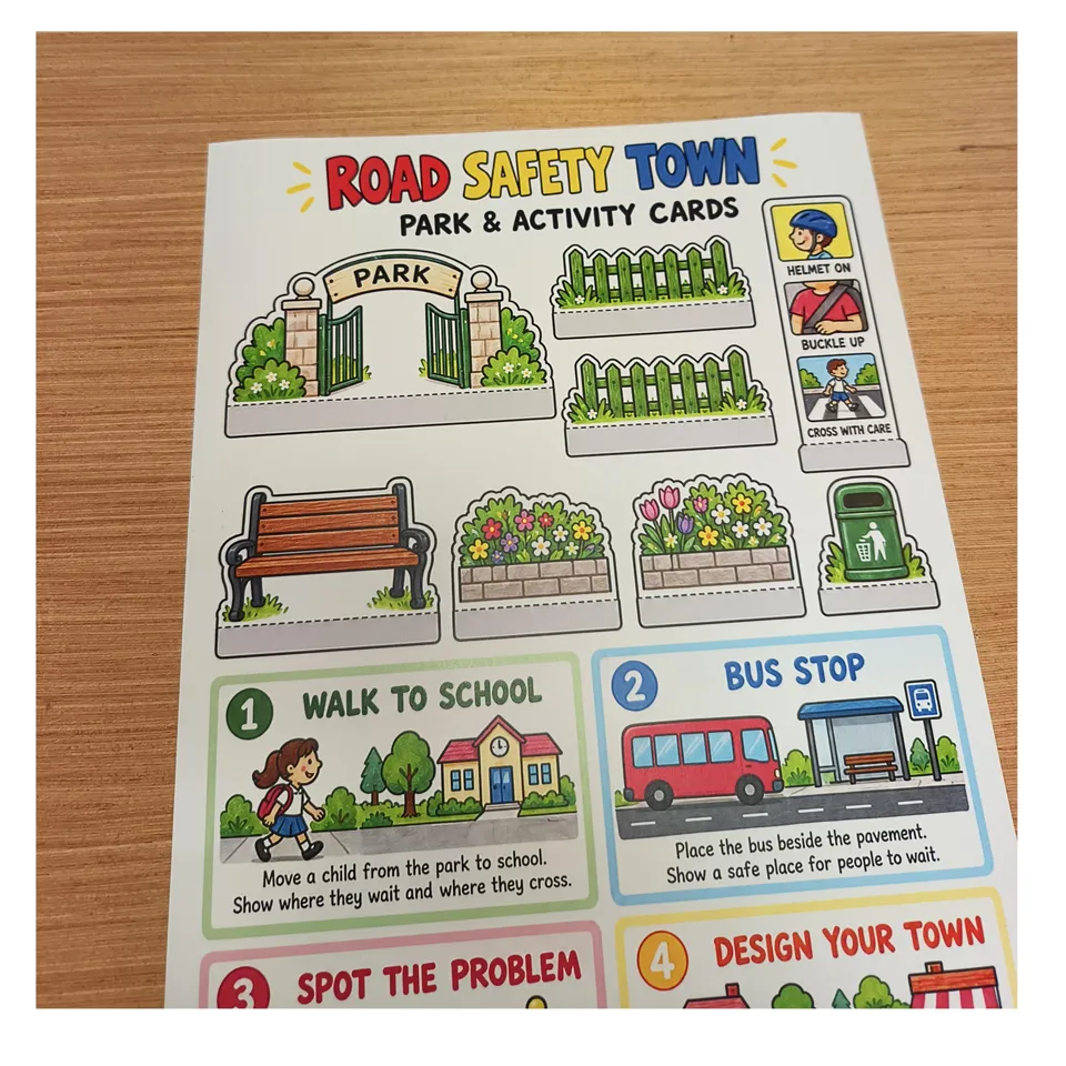 Printable park pieces and four road safety activity cards