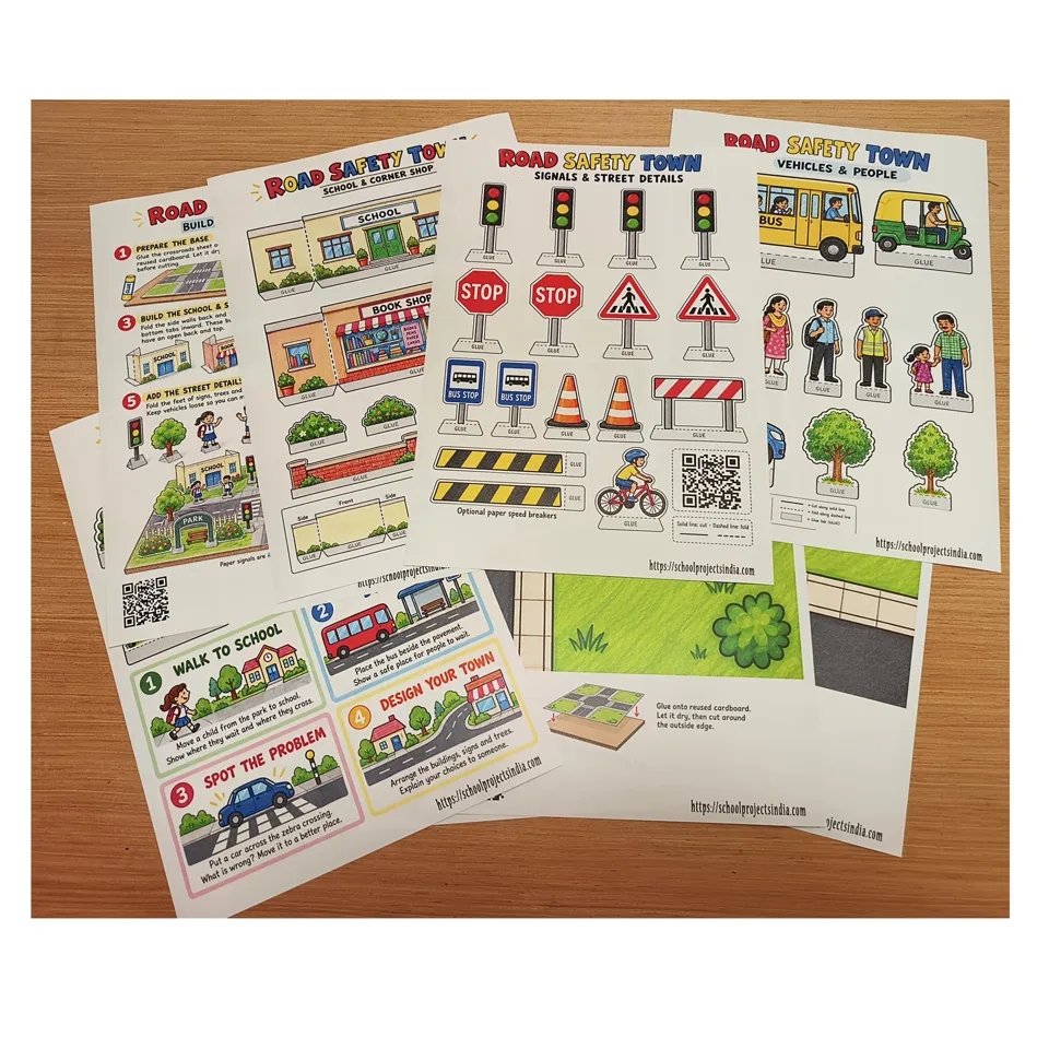 Road safety project PDF sheets with buildings, signs, vehicles and road sections