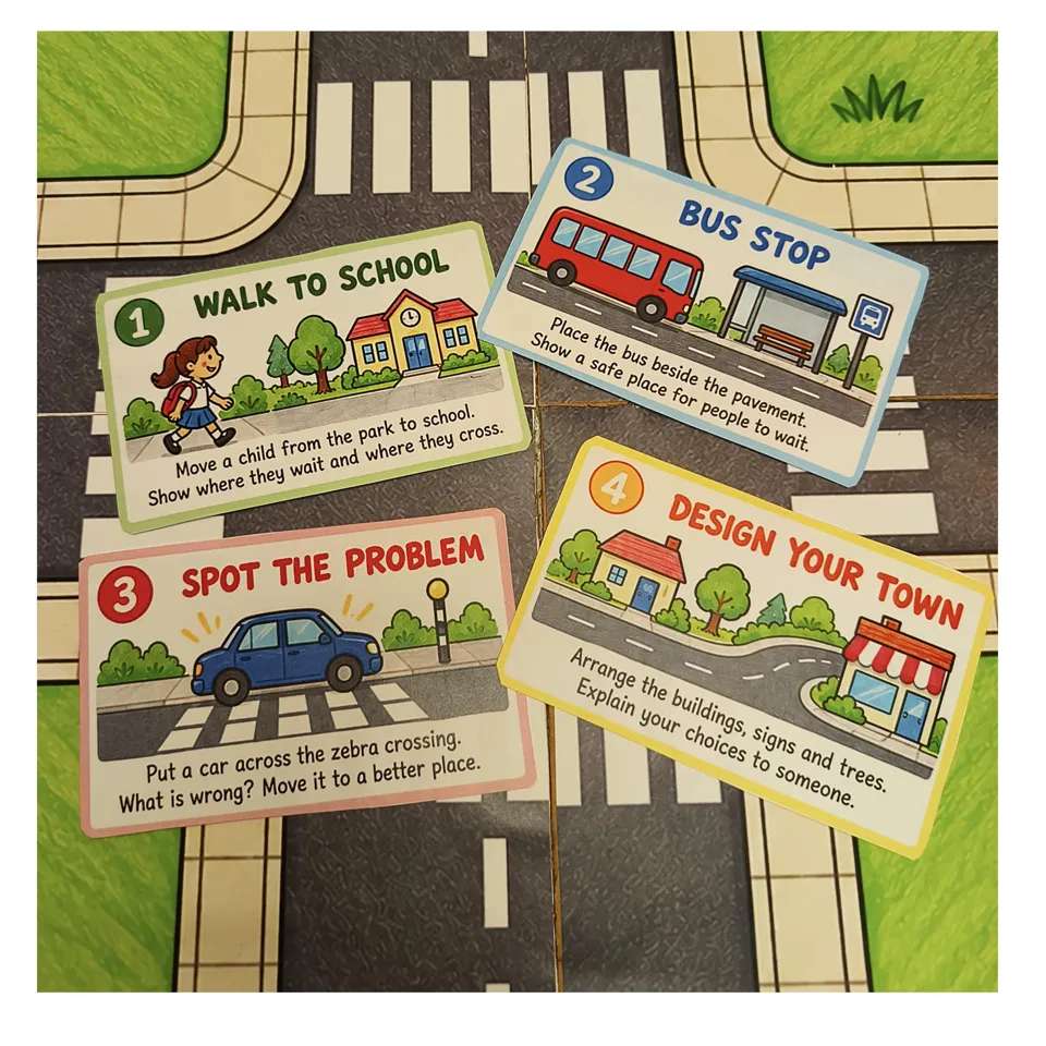 Four activity cards: Walk to School, Bus Stop, Spot the Problem and Design Your Town