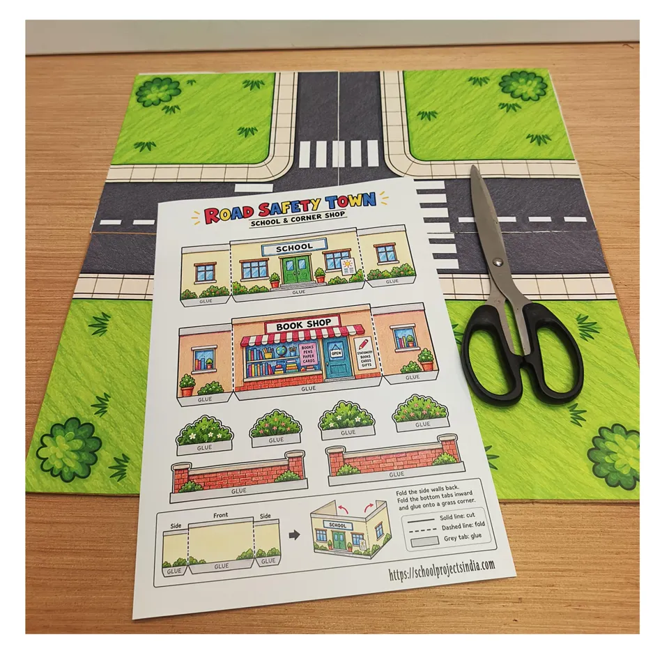 School and bookshop template sheet beside the assembled road base
