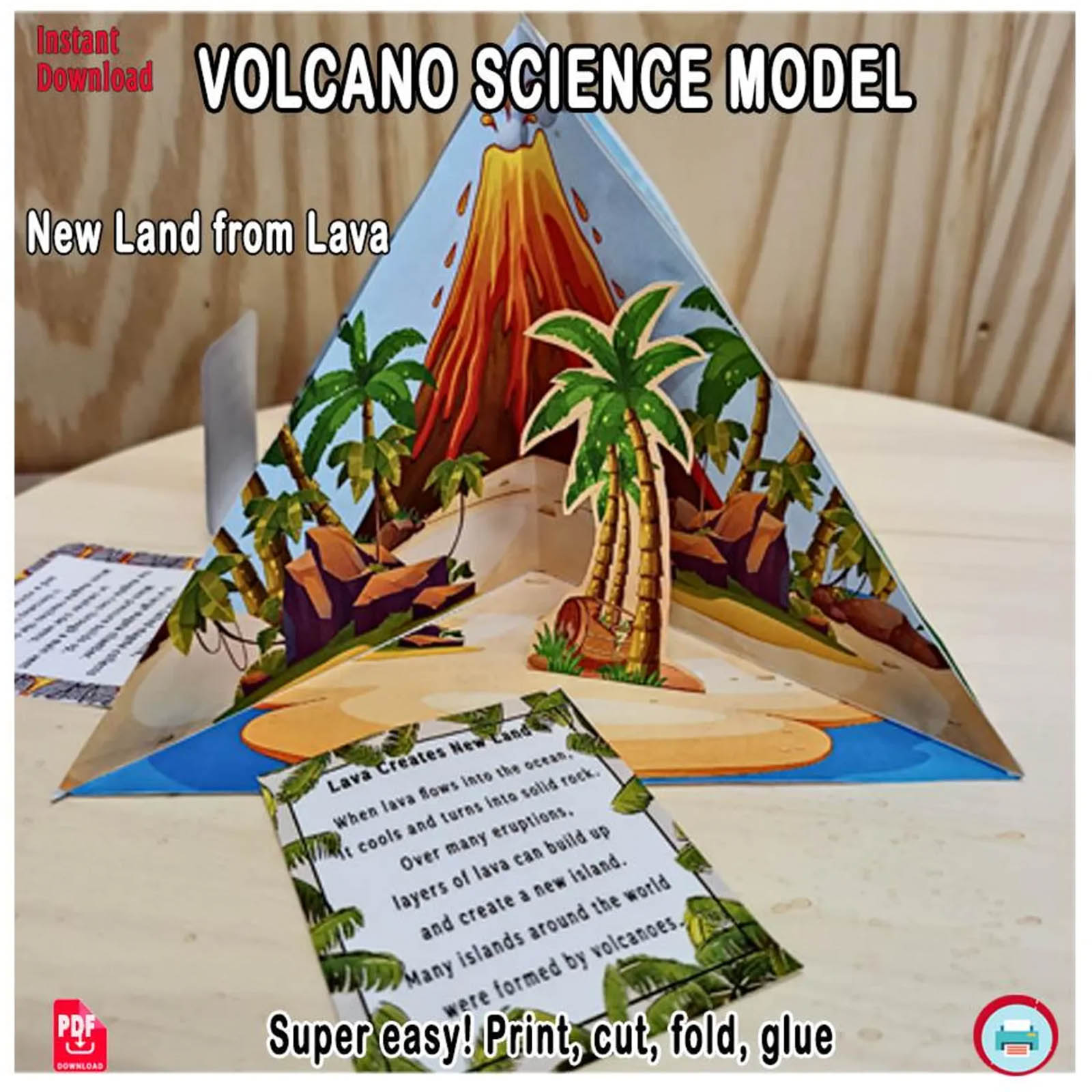 Paper volcano scene with an island, palm trees and an information card explaining how lava creates new land