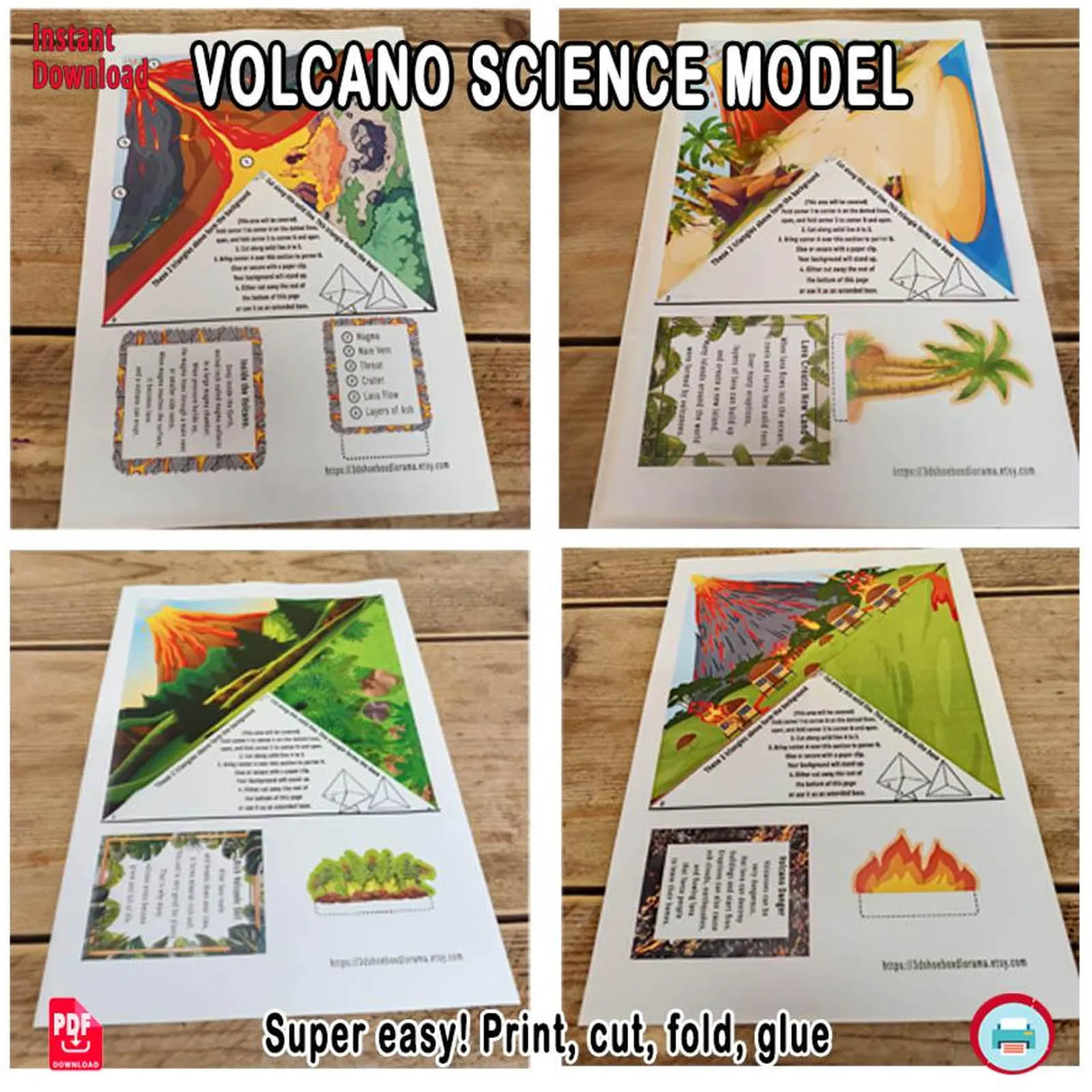 Four printable volcano science project sheets with illustrated scenes, folding instructions and educational cards