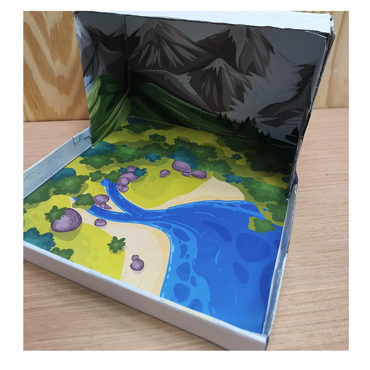 Completed river and lake base with the mountain background