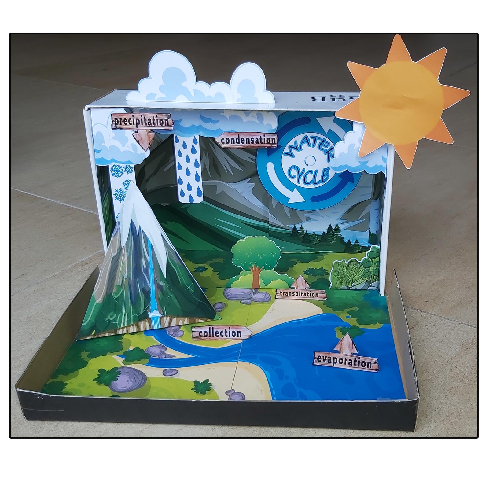 Water cycle project for kids in India with printable 3D water cycle model and labelled diagram