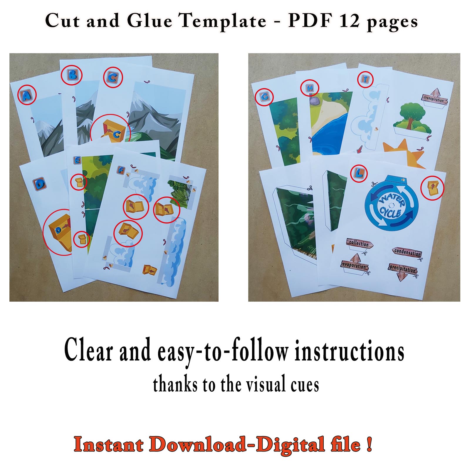 Water cycle school project PDF showing printable pages and visual instructions